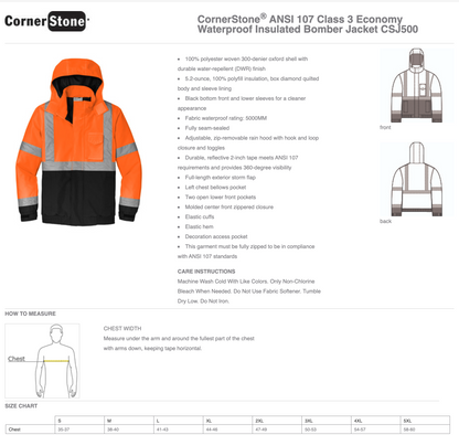 CornerStone® ANSI 107 Class 3 Economy Waterproof Insulated Bomber Jacket